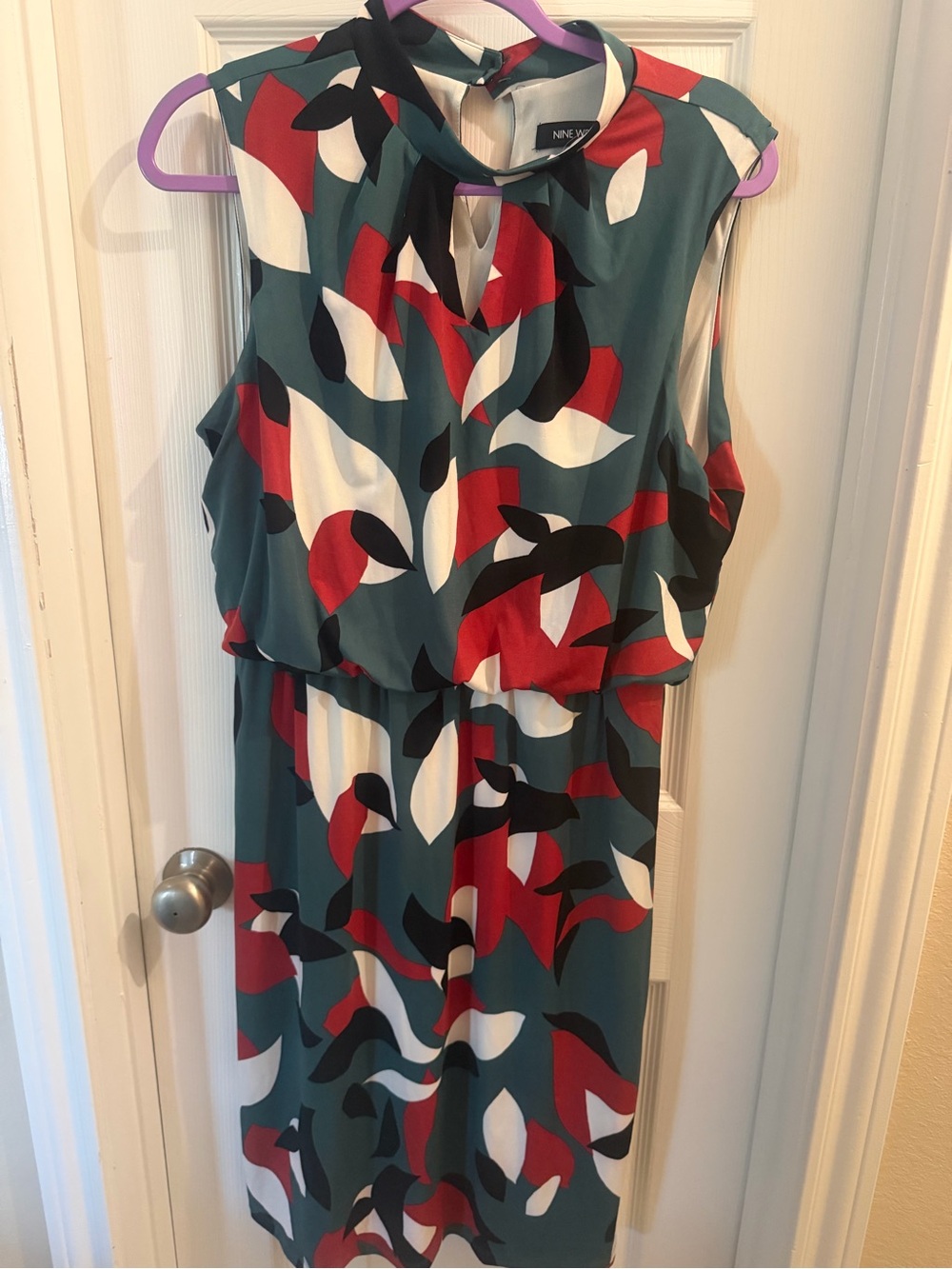 Nine West Teal Red Black White Abstract Leaf Midi Dress